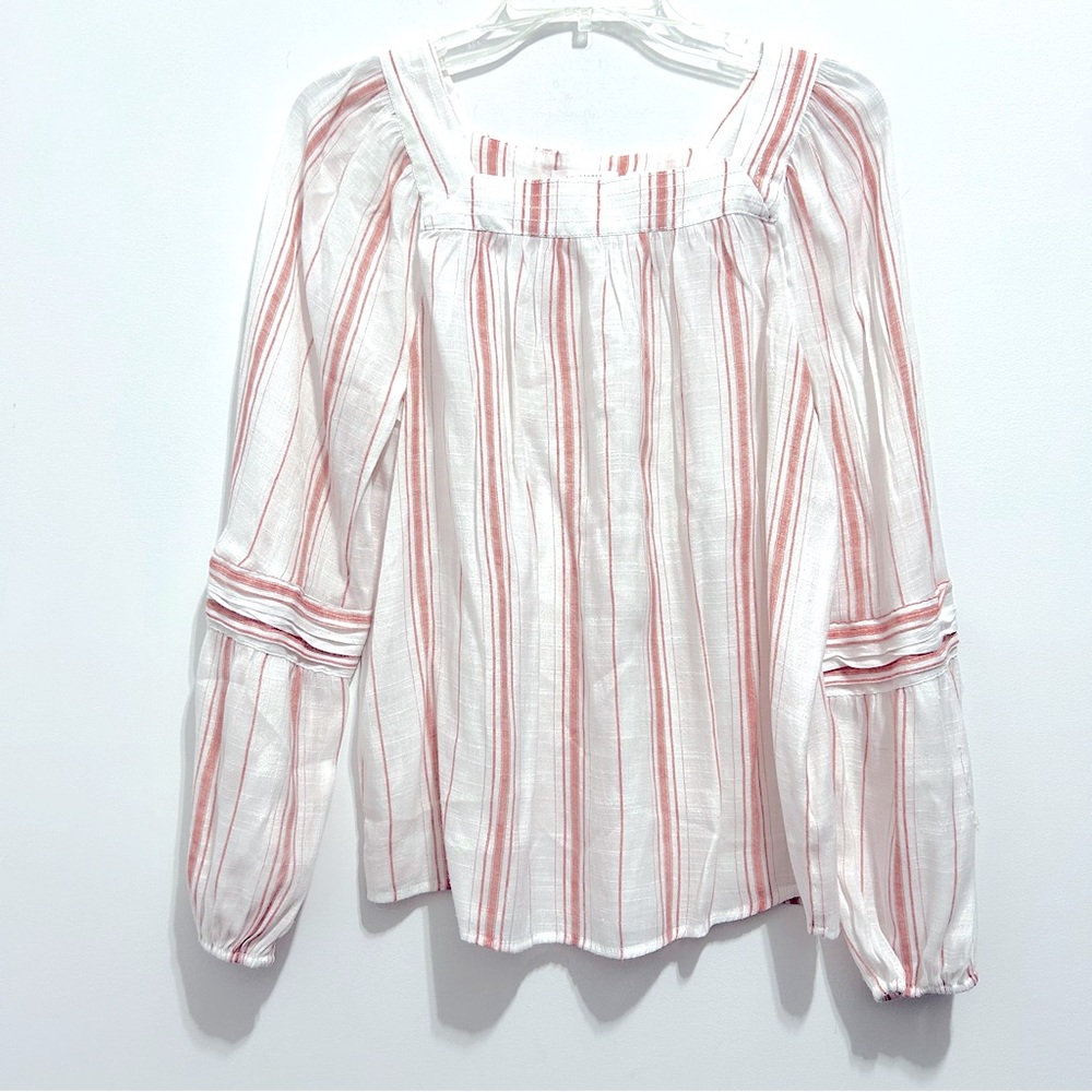 LC Lauren Conrad Women’s White Striped Ruched Long Sleeve Blouse